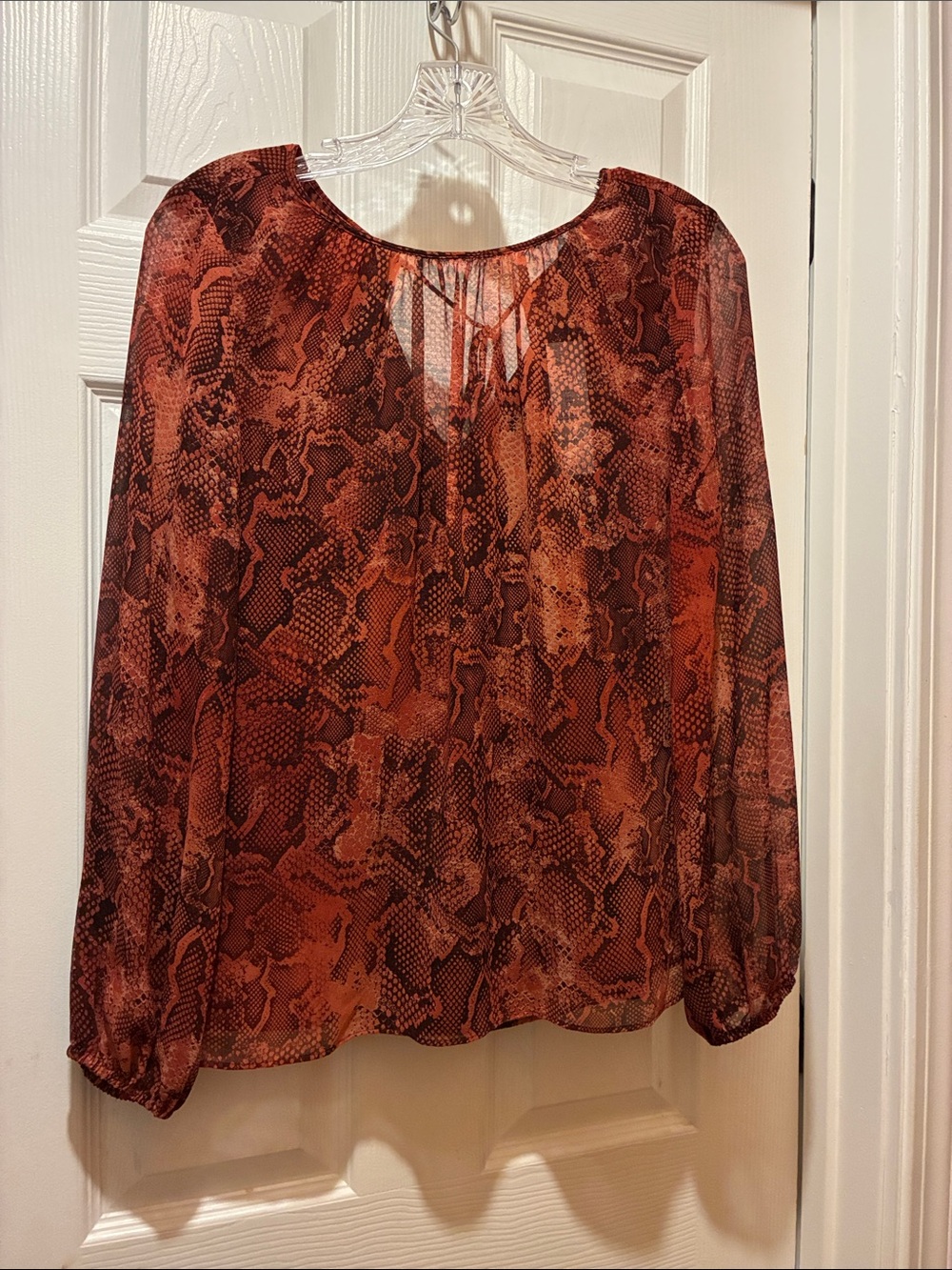 White House Black Market Sheer Rust Snake-Print Long Sleeve Blouse. Size 8P